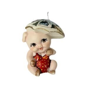 Vintage Ceramic Pig Ornament Figurine In Swimsuit Holding Umbrella